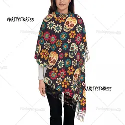 Day Of The Dead Pattern Scarf Wrap Women Long Winter Fall Warm Tassel Shawl Unisex Sugar Skull Santa Muerte Scarves