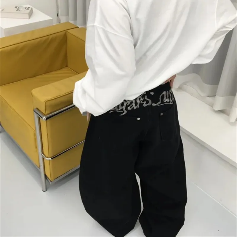 

Повседневные джинсы с высокой талией и широкими штанинами, с вышитыми буквами, в винтажном стиле, из хлопкового денима, свободного кроя, на все сезоны, черные, женские