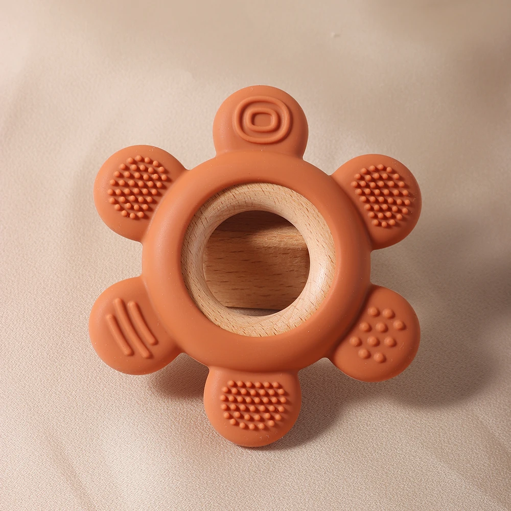 hot sale Baby wooden teether flower silicone teether Food Grade Safe Teether with wooden ring  Toy Teething gift