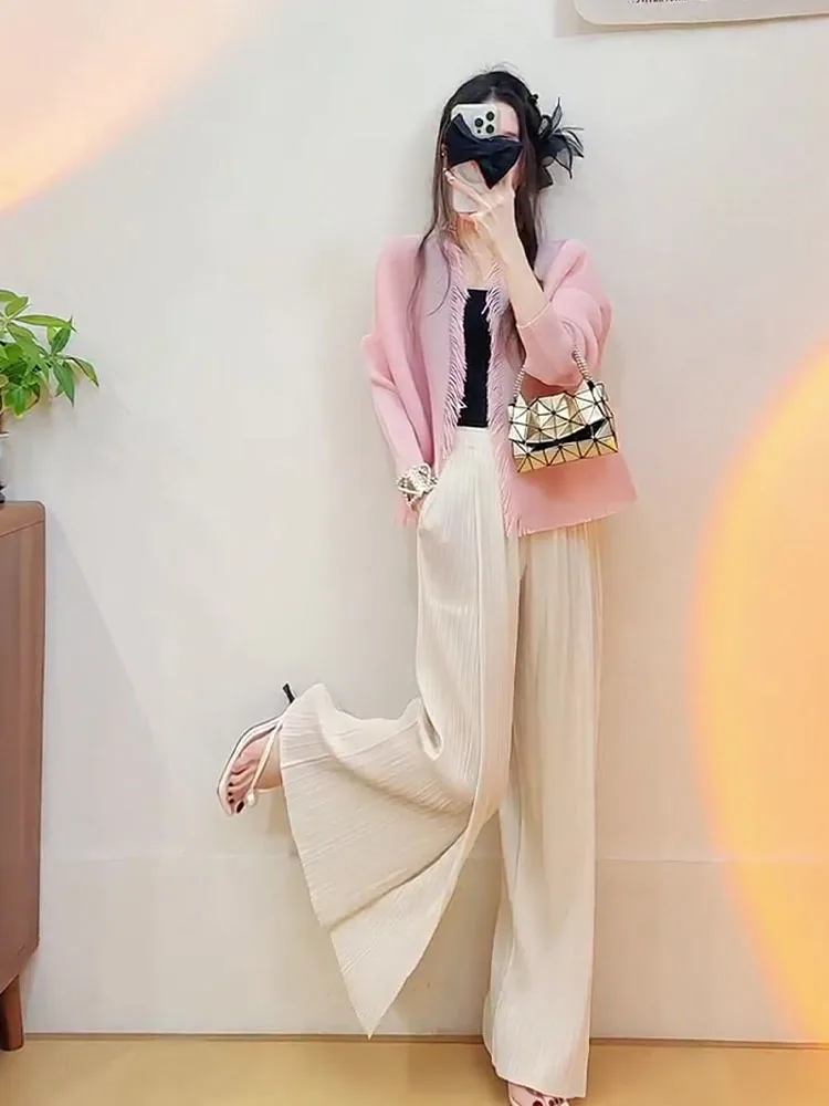 

Pink Fringed Short Cardigan And Wide Leg Pants Set Summer Fashion Korean Style Women's Ensemble Long Sleeve round Neck Design