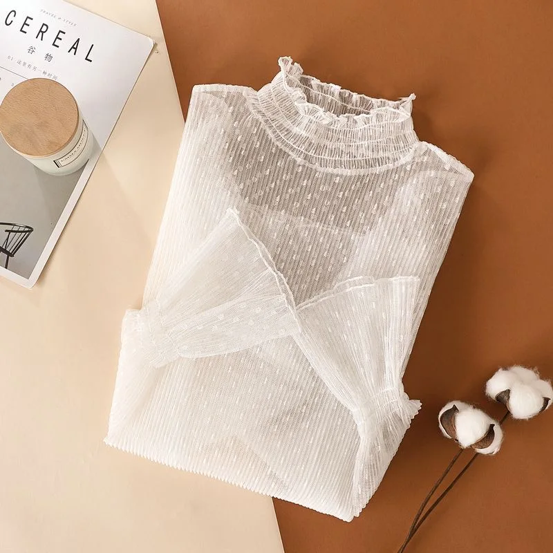 Fashion Mesh High Neck T-Shirt Tops Long Sleeve High Collar See Through Blouse See-through Mesh Sheer Long Sleeve view 5