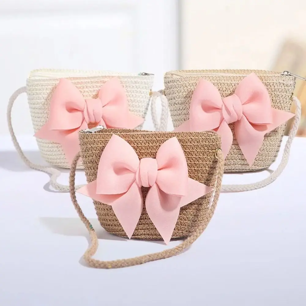 Summer Handmade Woven Girl Straw Bag Cute Solid Color Pink Bow Kid Messenger Bags Photo Props Coin Purse Storage Basket