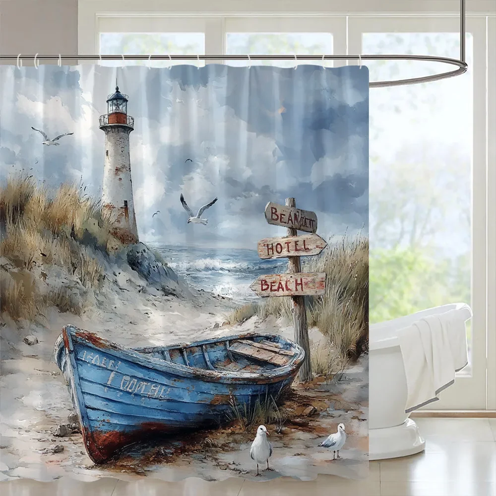 Coastal Lighthouse Shower Curtain, Beach Theme Shower Curtain with Blue Wooden Boats and Seagulls, Bathroom Decor with Hooks