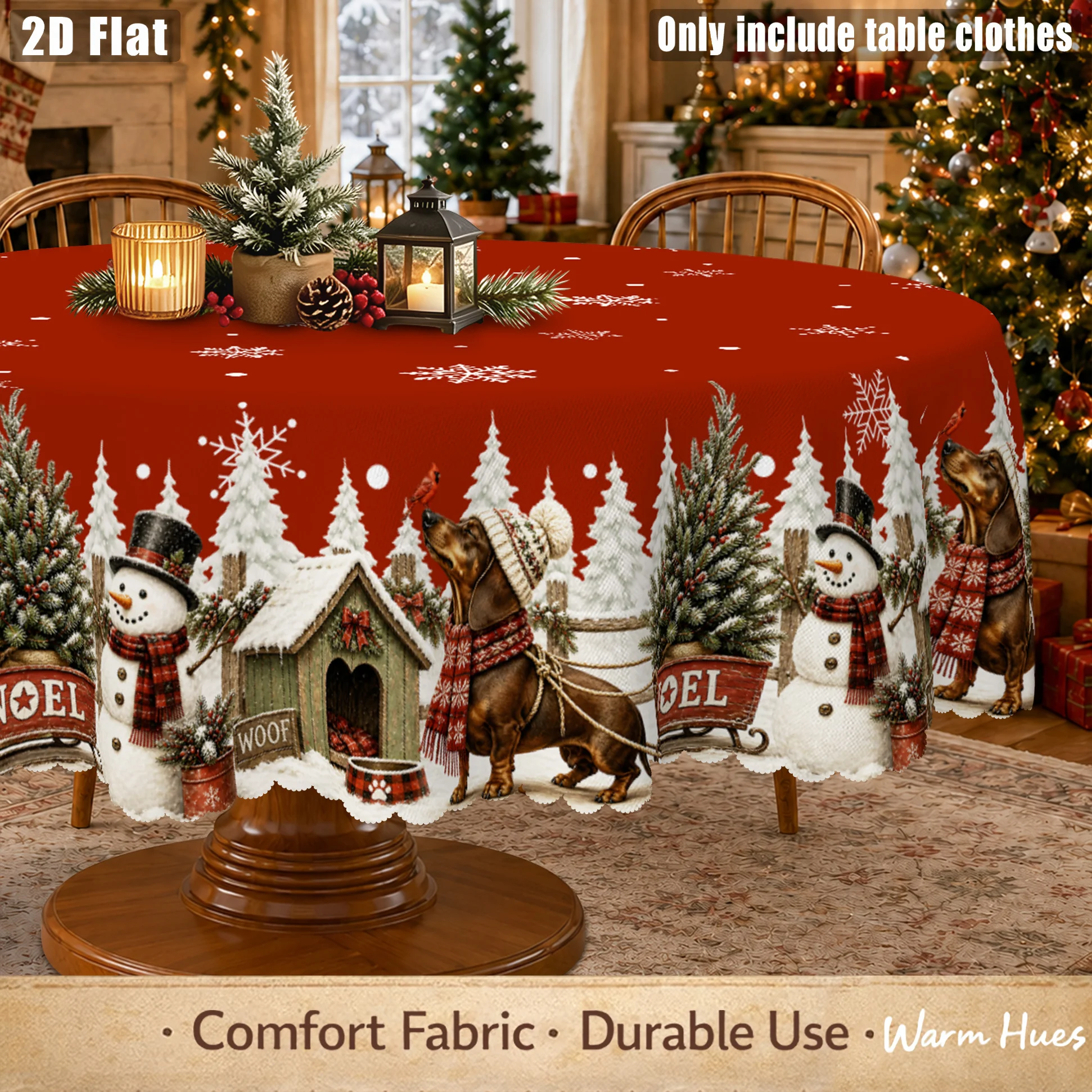 1 piece, 2D flat Christmas dachshund tablecloth, red winter dog, snowman, Christmas tree, snowflake, sled, doghouse print