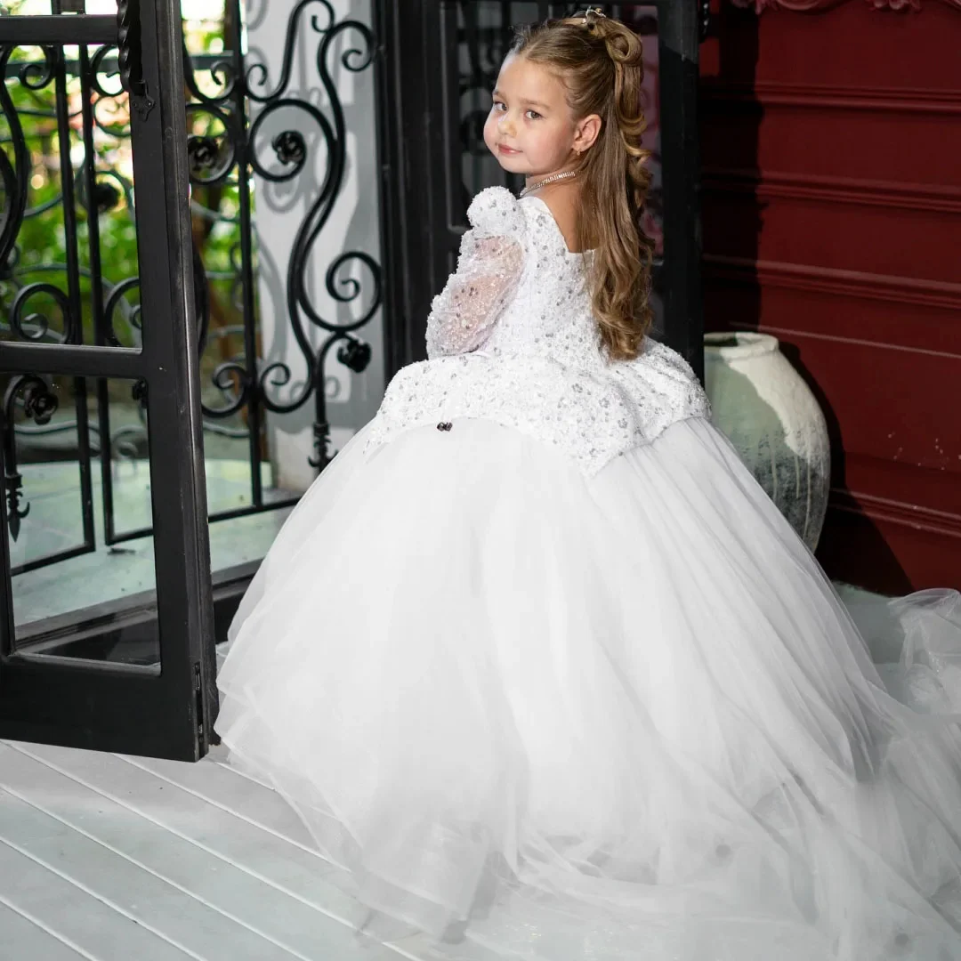 فستان أنيق لفتاة الزهور لحفلات الزفاف بأكمام كاملة من التول والترتر مع فساتين حفلات أعياد الميلاد للأطفال فساتين سهرة مخصصة