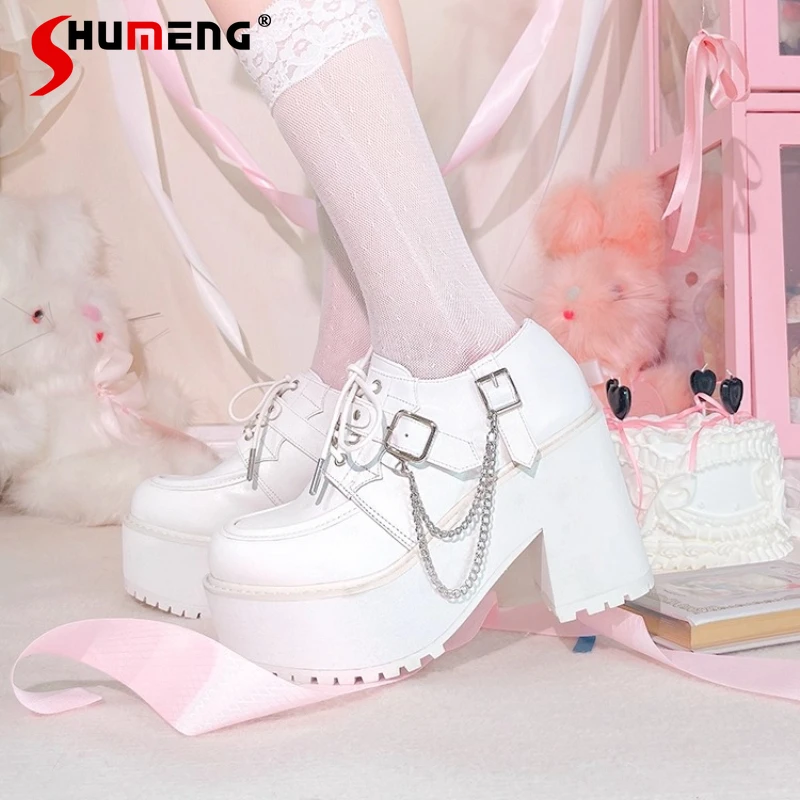 المناجم اليابانية نمط الإنتاج الضخم الشرير سميكة سوليد المتسكعون الدانتيل متابعة سلسلة أنيقة تنوعا لوليتا أحذية حذاء نسائي بكعب عالٍ مضخات #1