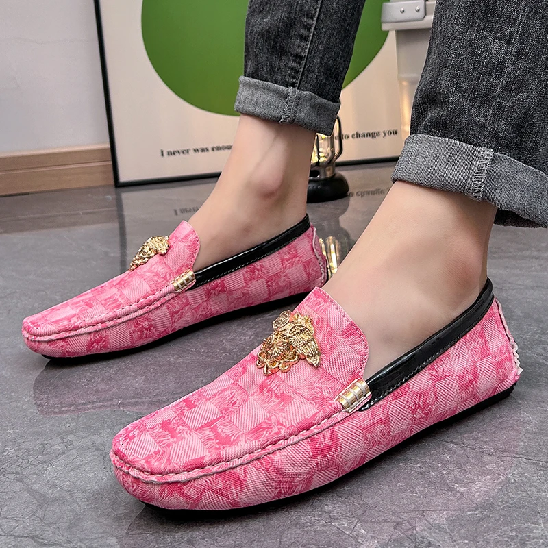 Zapatos informales de cuero rosa a la moda para hombre, talla grande 38-48, zapatos de lujo de diseñador, mocasines para hombre, mocasines planos suaves, zapatos de marca para hombre