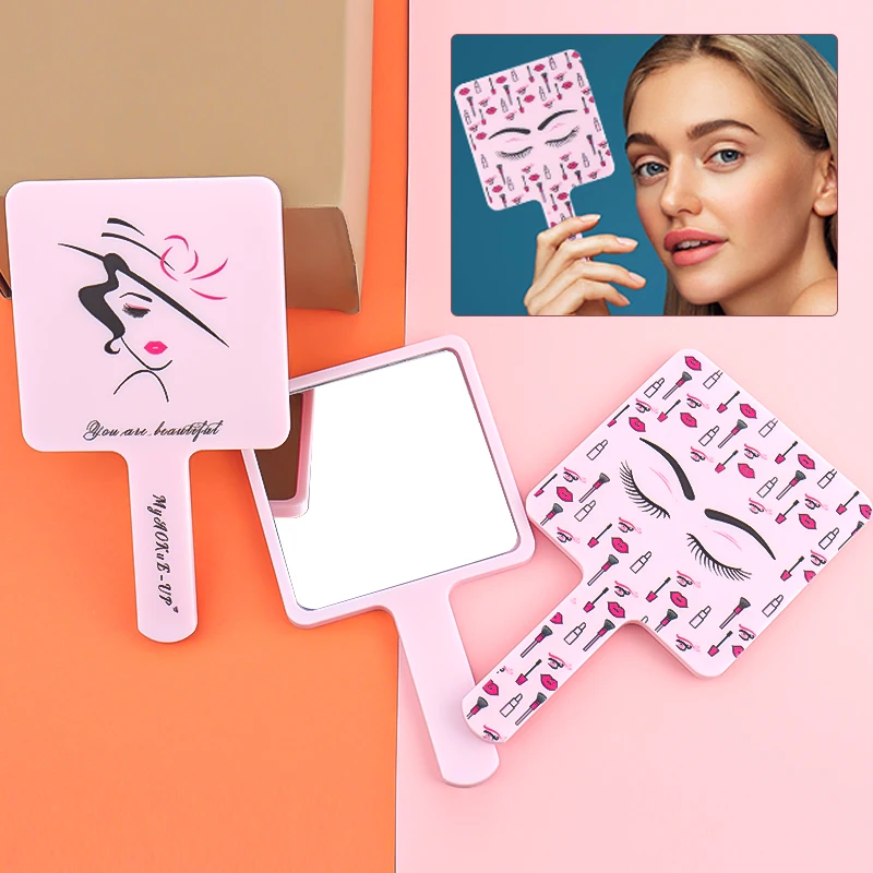Pink Eyelash Extension Handheld Makeup Mirror Square Vanity Mirror Plastic Handle Hand High Definition Mirror Beauty Tools