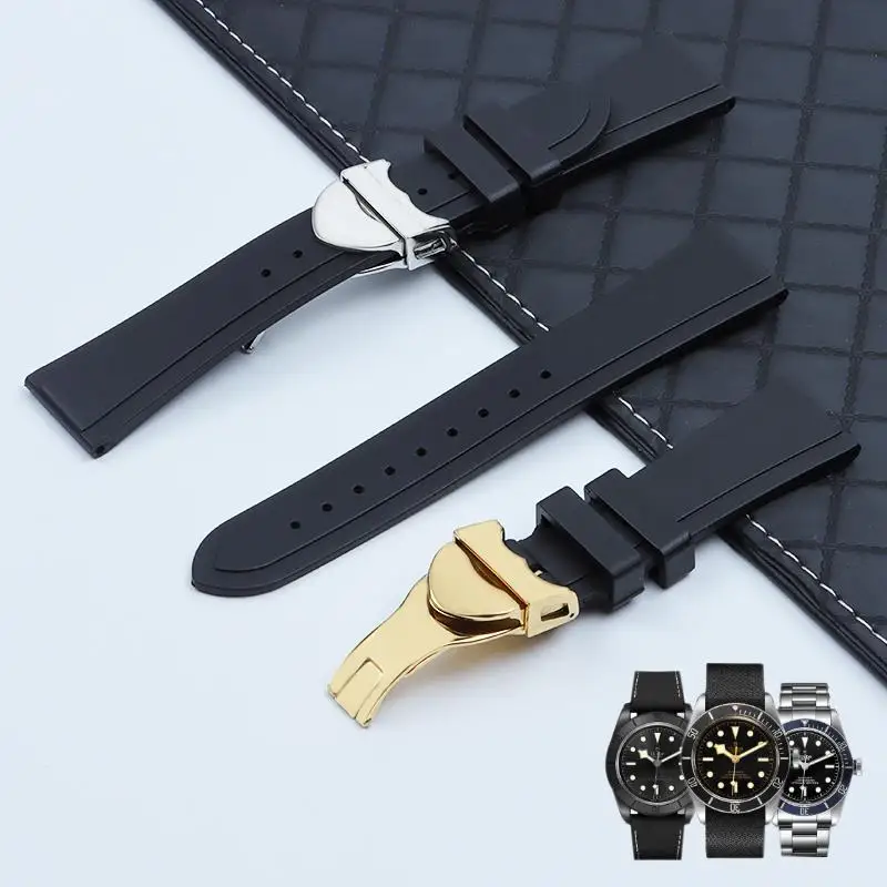 

BEFIA 20mm 22mm Soft Rubber Watchband For Tudor Strap Fit For 39/41mm Black Bay Series Bracelet Flat End Folding Buckle