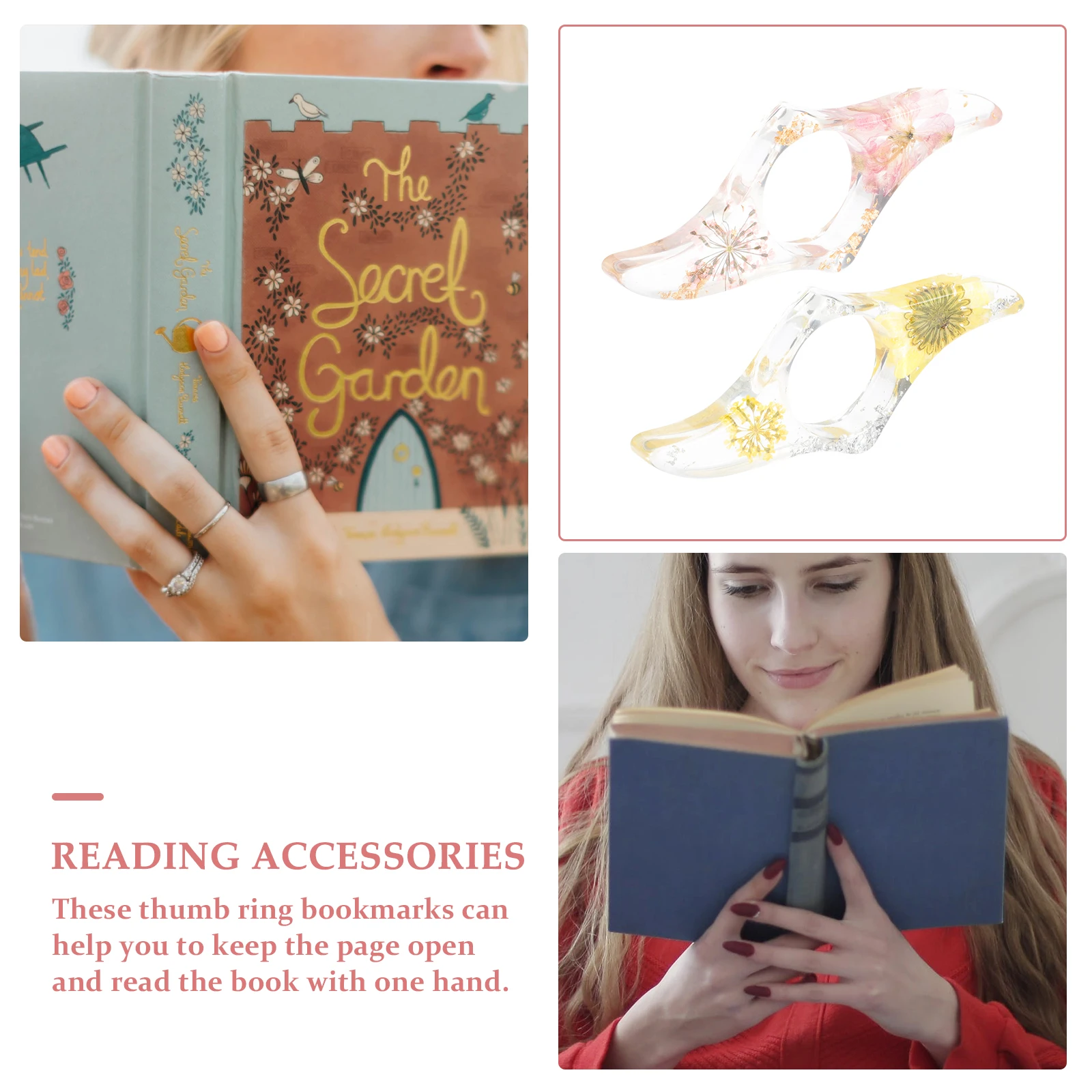 

2Pcs Bookmarks Transparent Page Holders Sturdy Smooth Practical Reading Accessories Thumb Ring Flower Design Bookmark