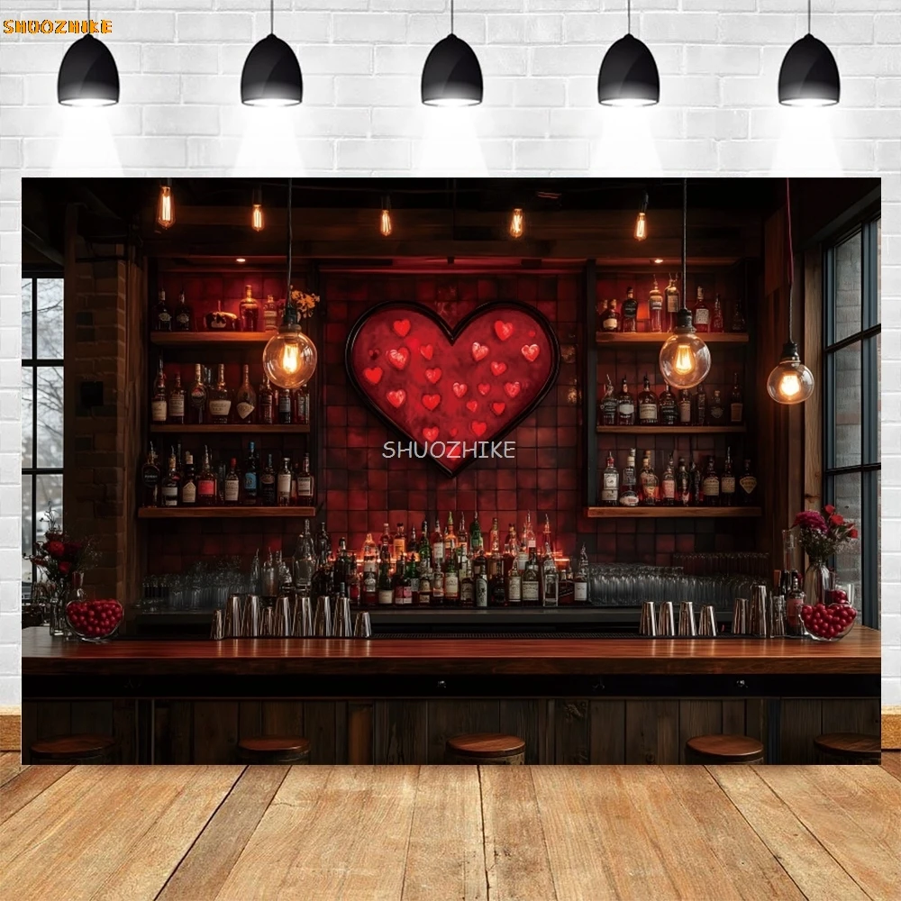 LATAR BELAKANG fotografi Hari Valentine Sweetheart Soda Shop Bar lemari anggur konter merah kekasih hati pasangan Photocall latar belakang