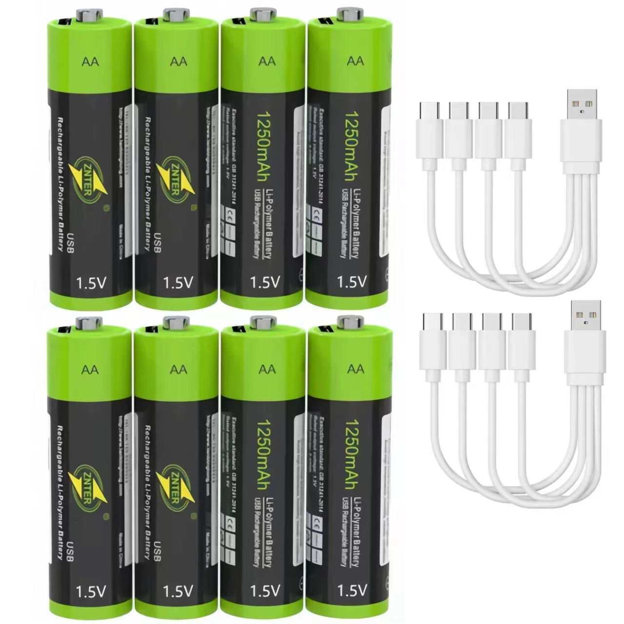 

8PCS ZNTER 1.5V AA 1250mAh rechargeable battery USB lithium polymer battery charged via Micro USB charging cable