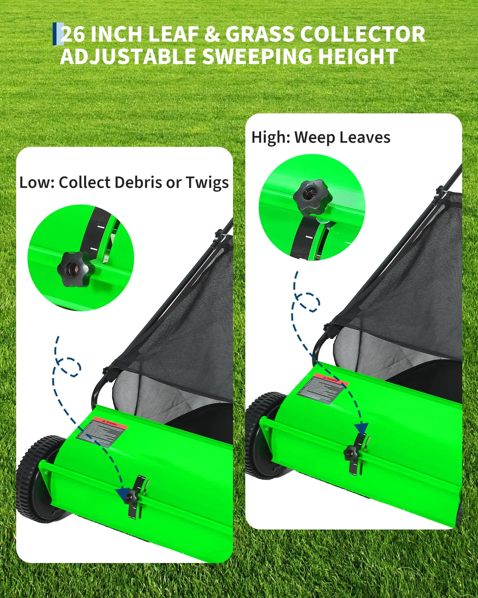 Manual Push Lawn Sweeper - 26 in Walk-Behind Yard Leaf & Grass Sweeper, Adjustable Height, Heavy-Duty Steel Frame, Rubber Wheels, 4 Spinning Brushes, 7 cu ft Collector