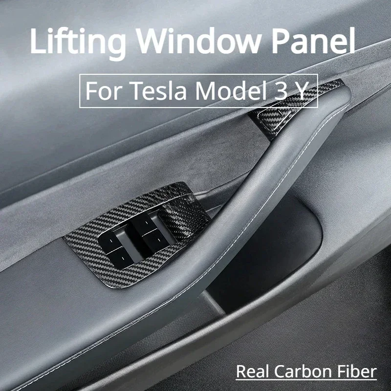 For Tesla Model 3 Y Lifting Window Panel Real Dry Carbon Fiber 3K 240G Handmade 14Pcs Door Window Switch Button Cover 2018-2023