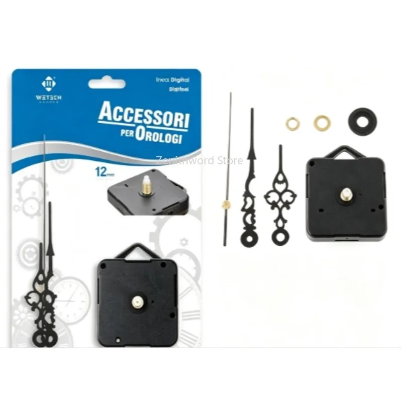 Kit meccanismo orologio al quarzo silenzioso con albero da 12 mm, lancette decorative, set di parti hardware, accessori per la riparazione e la sostituzione di orologi da parete fai-da-te