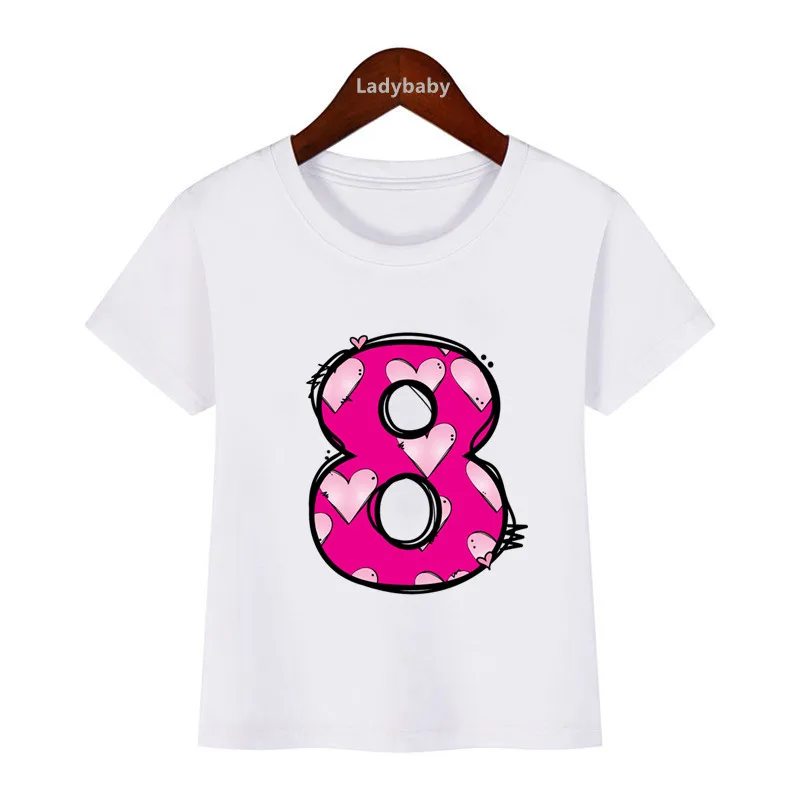 Pink Heart Number Bow Happy Birthday Kids T shirt 1 2 3 4 5 6 7 8 9 Years Girls Clothes Summer Short Sleeve Baby Boys T-Shirts