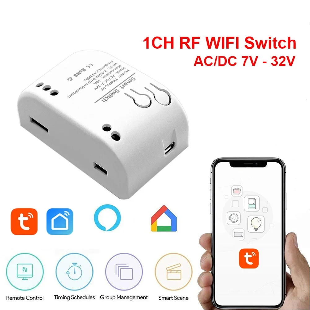 Tuya Smart Life App WIFI Switch Garage Door Opener Controller DC7-32V AC85-250V RF Receiver Relay Module For Alexa Google Home