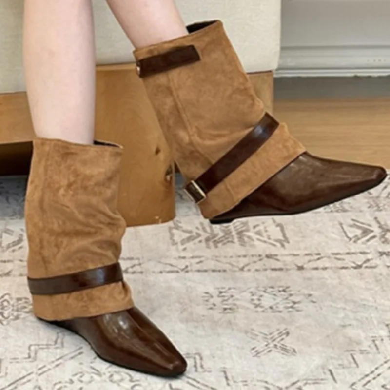Women's Vintage Color Blocking High Heel Mid Boots New Spring and Autumn Women Pointed Toe Comfortable Fashionable Mid Boot