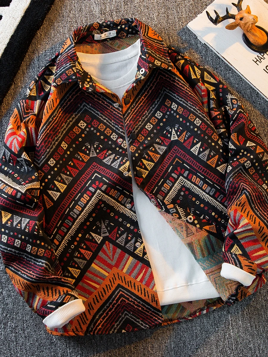 Men's Premium Tribal Woven Shirt Jacket Retro Ethnic Geometric Pattern Long Sleeve Oversized Hippie Shirt Boho Casual Outerwear