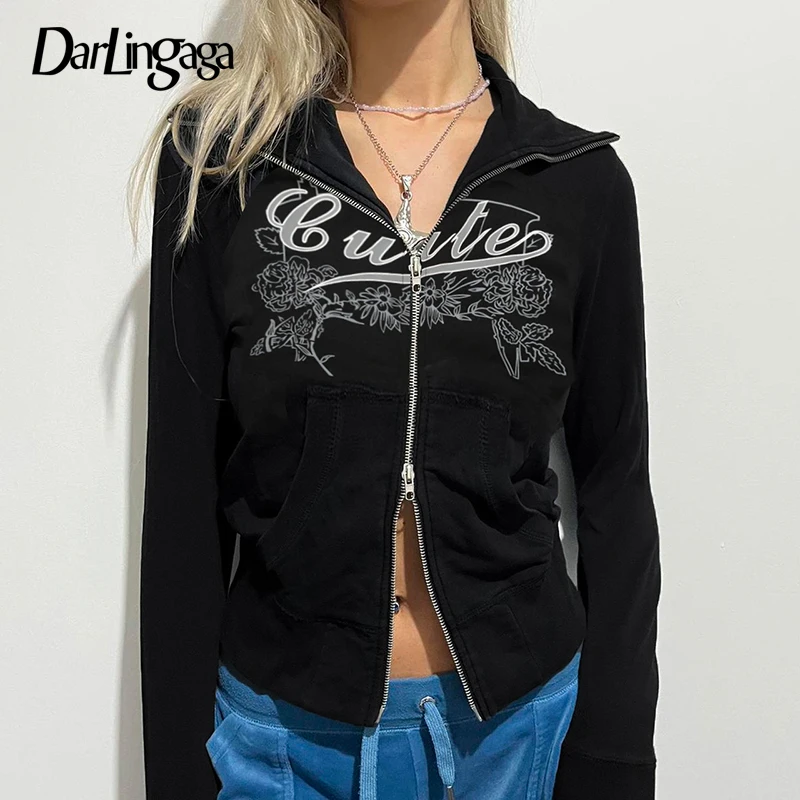 Darlingaga Streetwear Floral Letter Printed Zip-Up Jacket Women Gothic Dark Harajuku Autumn Coat Outwear Y2K Aesthetic Jackets