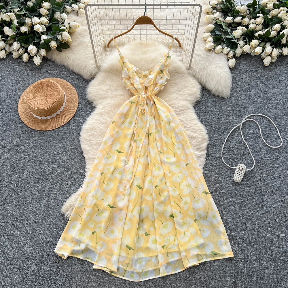 Chic vintage senza maniche in rete floreale sottile Elegante fata moda coreana Boho Sundress abbigliamento donna