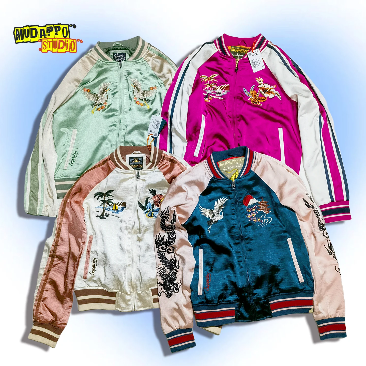 

Retro Horizontal Mustache Heavy Embroidery Punk Color Block Silk Short Baseball Jacket Women's Fashion Outerwear Cosplay Coat