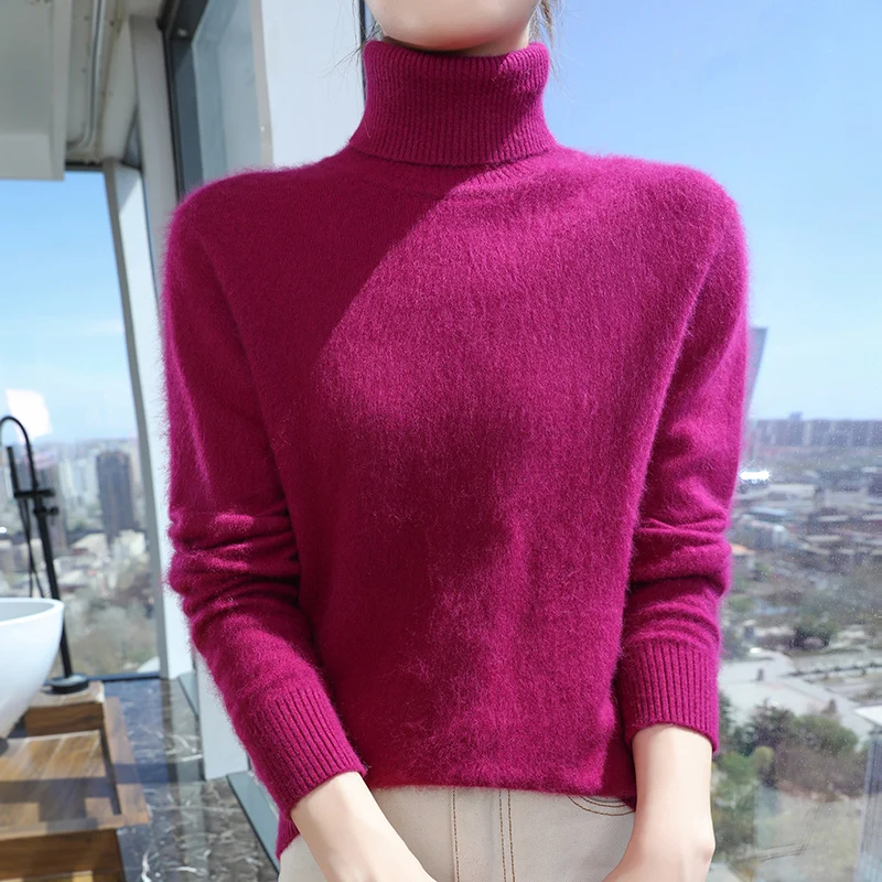 High collar mink fur knitted cashmere sweater women, autumn winter new fashion pullover, long sleeved, solid color high-end tops