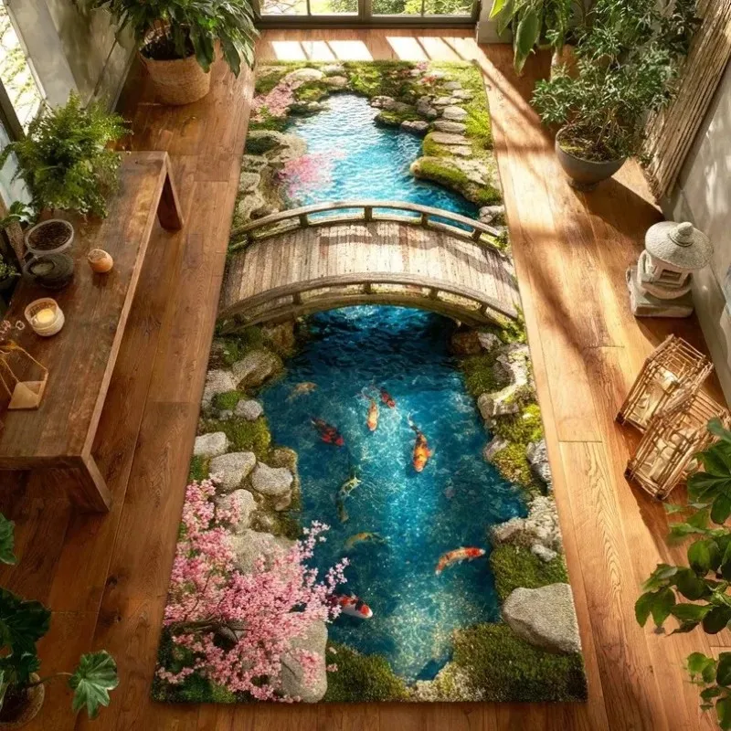 VIKAMA 3D Japanese Koi Pond Stream Runner Rug Cherry Blossom Bridge Optical Illusion Non Slip Hallway Floor Decor Mat