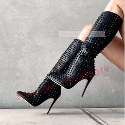 Black Studded Knee-length Boots Women Pointed Toe Sexy Thin High Heels Shoes New Design Office Ladies Rivets Casual Long Boots