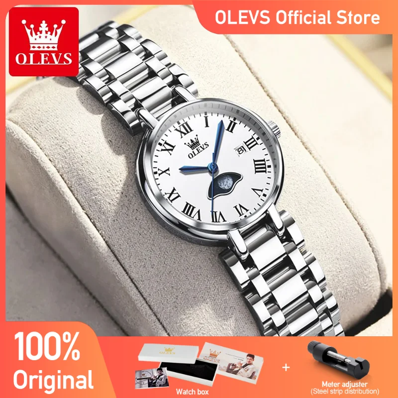 OLEVS Women's Watches Minimalism Fashion Original Girl Wristwwatch Waterproof Stainless Steel Calendar Moon Pash Bracelet Set