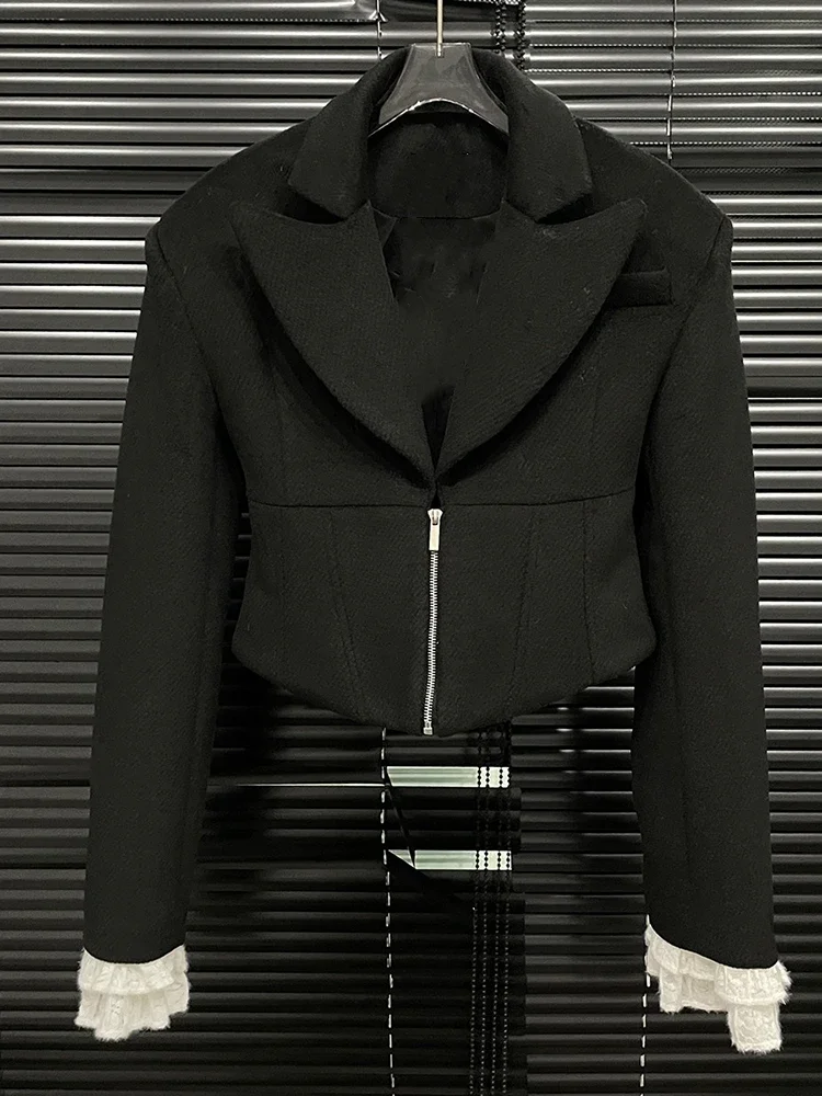 Women's Blazer Long Sleeve Two Piece Sets Sexy V Neck Lace Pathchwork Jacket + High Waist Shorts Set Evening Runway Cocktail