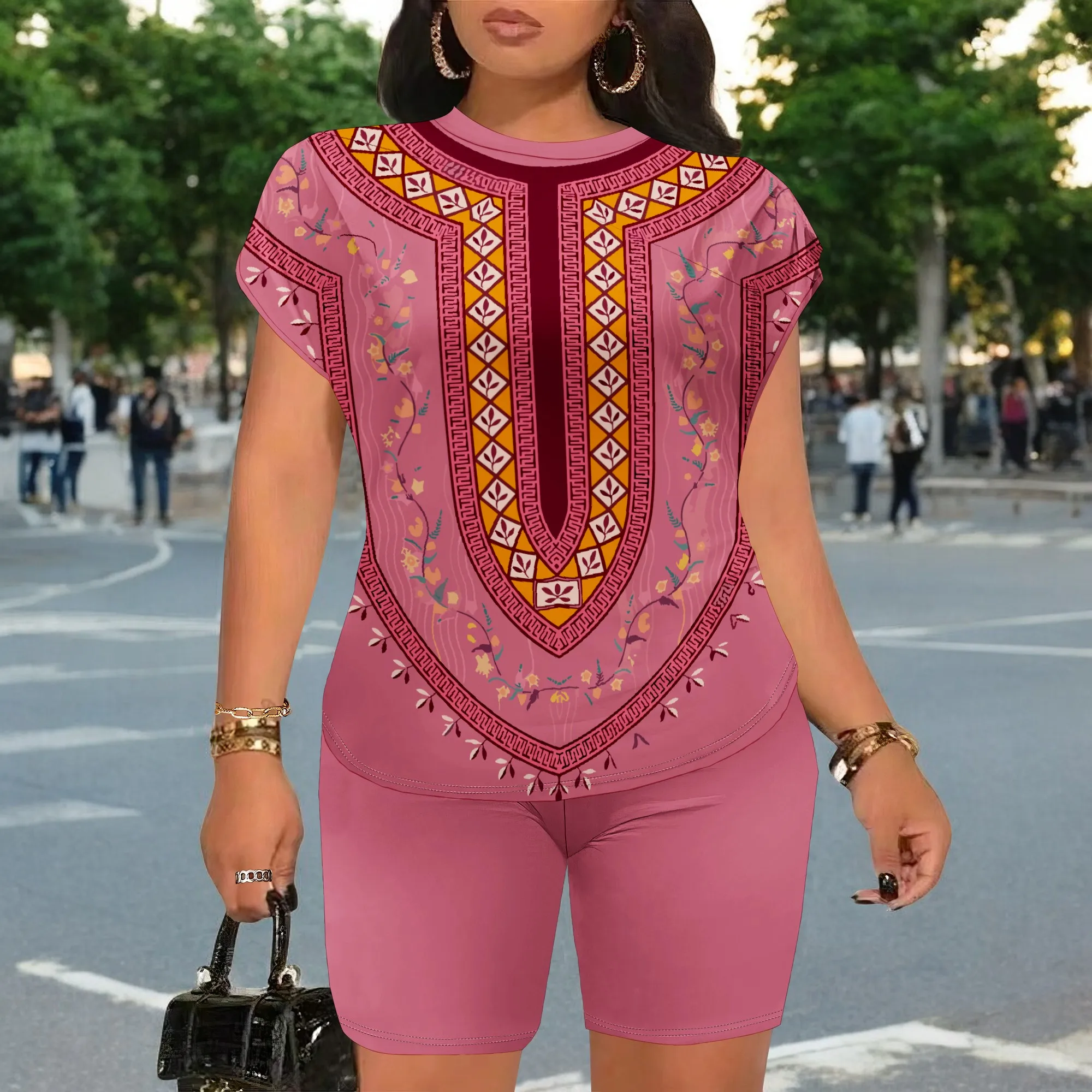 African Print Top And Shorts Set, Dashiki Style Two Piece Outfit, Pink Geometric Pattern Matching Set, Casual Summer Wear, S-3XL