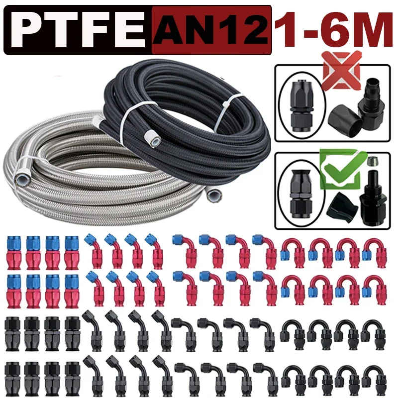1~6M AN12 12AN Nylon Stainless Steel Braided PTFE Racing Brake Hose E85 Fuel Oil Cooler Line Pipe Tube Swivel Hose End Fittings