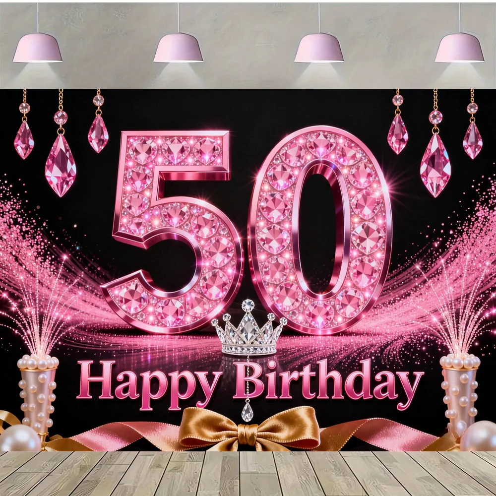 50th Birthday Pink Gem Number Black Background Vinyl Backdrop Background with Crown Golden Bow Pink Crystal Pendants