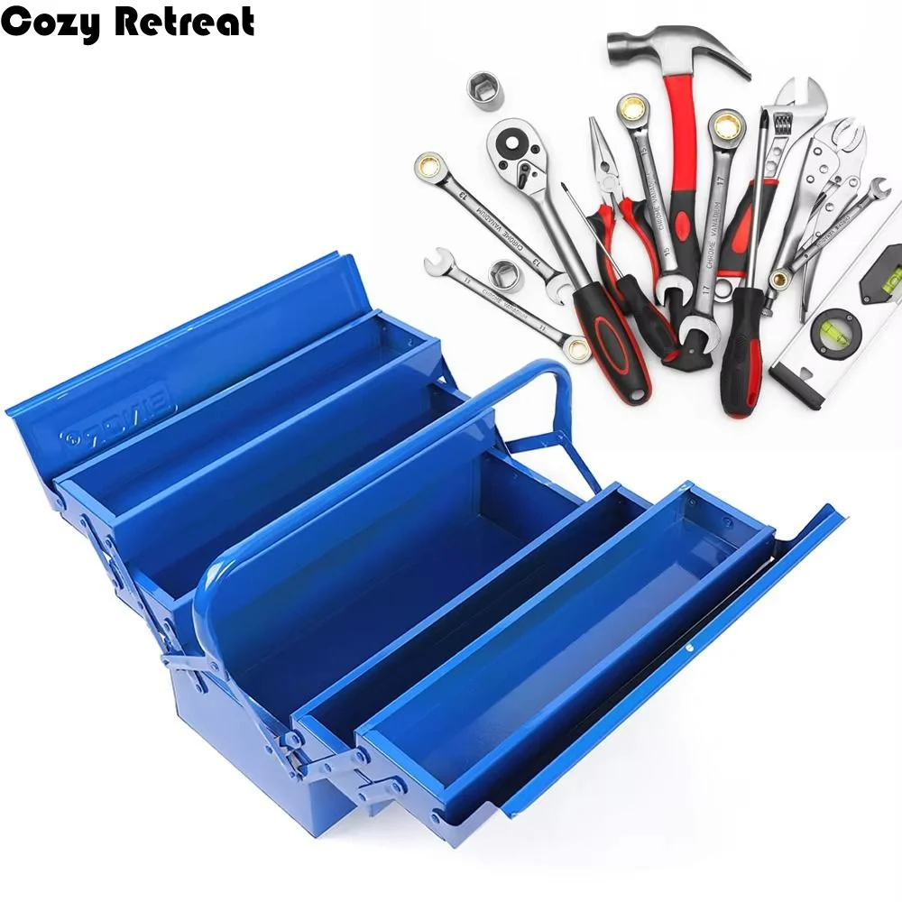 

On-Board Storage Large Metal Toolbox Heavy Duty Metal Storage Tools Box 2 Layer Multi-function Repair Chest Multipurpose Use