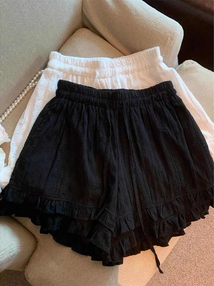 French style lace trim wide leg pants women's summer new loose casual solid color versatile base A-line shorts hot pants