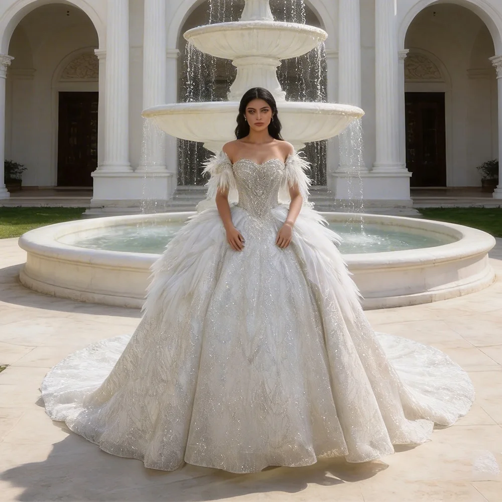 

Ball Gown Wedding Dresses Short Sleeves Beading Feathers Princess Bridal Gowns Custom Made Tulle Party Clothing vestido de novia