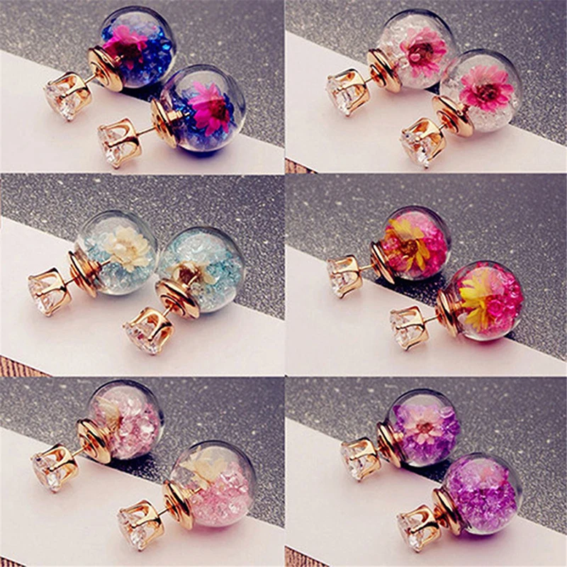 Fashion Simulated Glass Ball Earrings Flower Korea Jewelry Double Side Ball Stud Earring Statement For Women