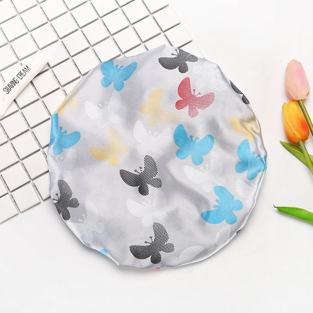 

2Pcs Shower Cap Foldable Bath Hat Double Layer Satin Printed Women Durable Reusable Waterproof Hair Protection Travel