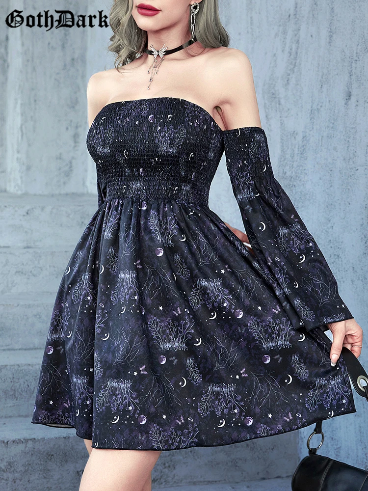 

Goth Dark Aesthetic Moon Print Shirring Mini Dresses Grunge Punk Backless Sexy Women Dress Witch Off Shoulder Vintage Alt Clothe