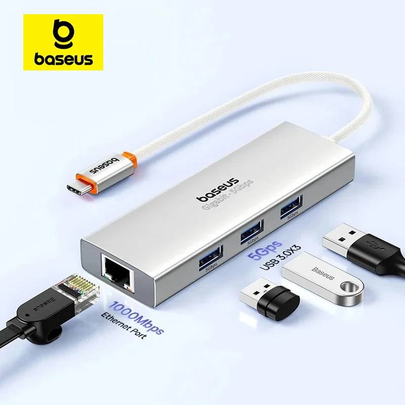 Baseus 4 in 1 USB Type C Hub With 1000Mbps Ethernet Port 3* USB 3.0 USB Adapter RJ45 Lan USB C HUB For Phones Laptops Tablets