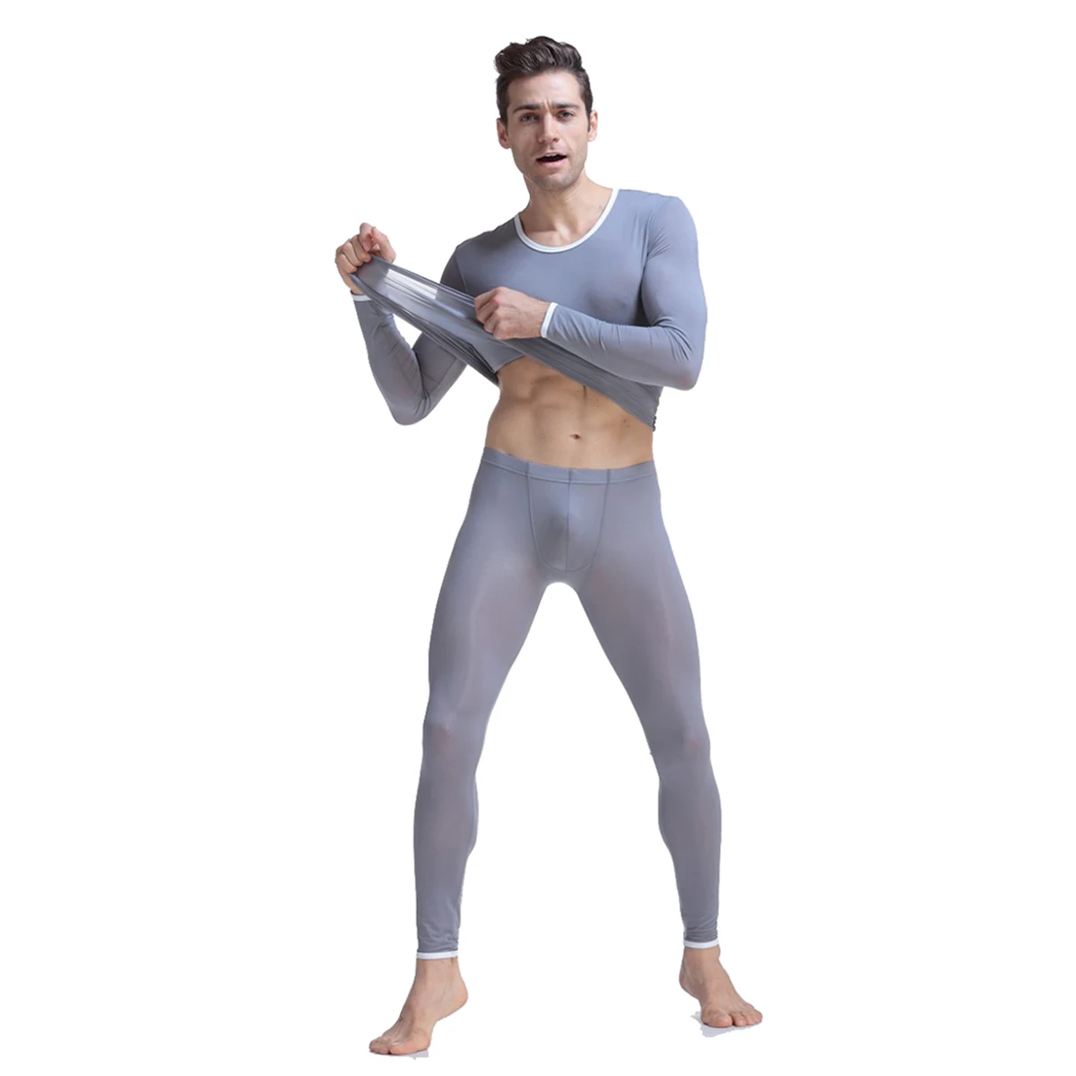 CLEVER-MENMODE Long Johns Men Thermal Underwear Set Ice Silk Long Sleeve Keep Warm Slim Ultra Thin Undershirt Pants Tops Bottoms