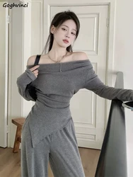 Asymmetrical T-shirts Women Korean Clothing Off Shoulder Slash Neck Long Sleeve Graceful Temperament Leisure Simple