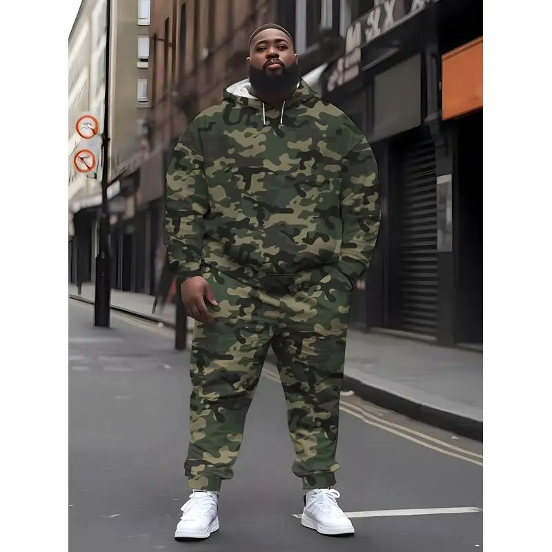 1 Set Of Men'S Plus Size Camouflage Hoodie And Sweatpants Set, Casual Sportswear With Pockets, Autumn And Winter Hoodie