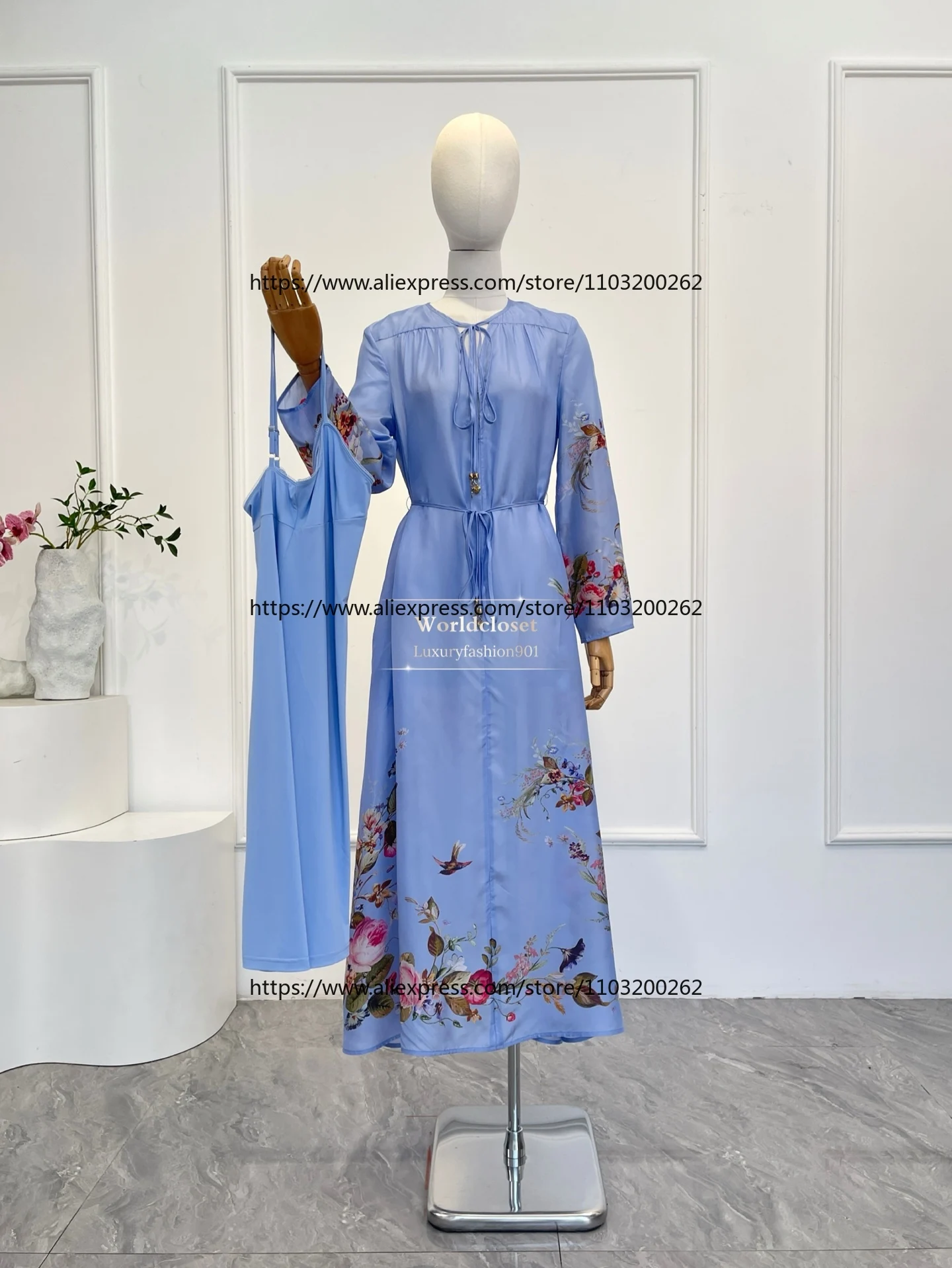 

Blue Cornflower Flowers Print Long Sleeve Midi Dress 2026 Silk High Quality