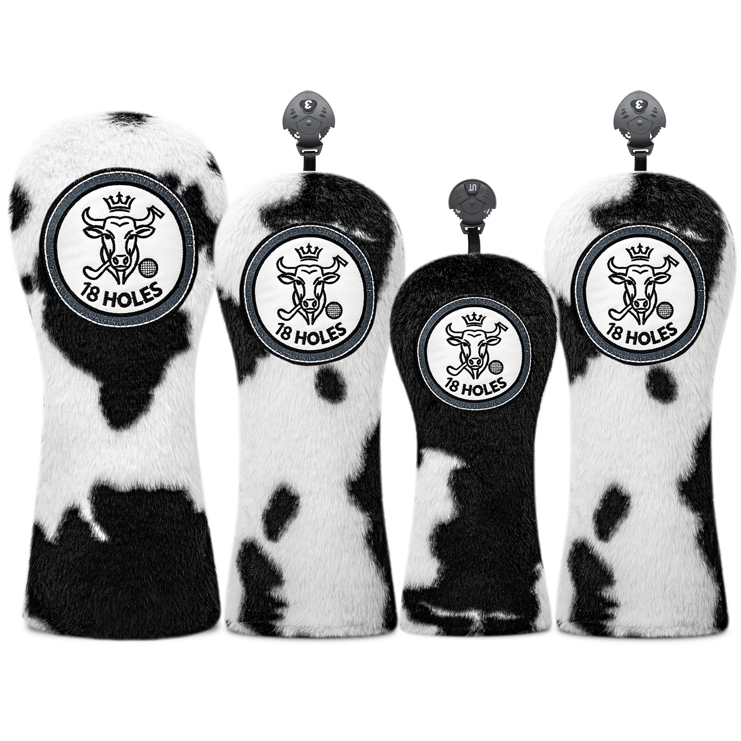 1PC/4PCS Plush Cow Print Golf Club Head Covers, Soft Faux Fur Material, Embroidery Logo Design, Rotatable Number Tags