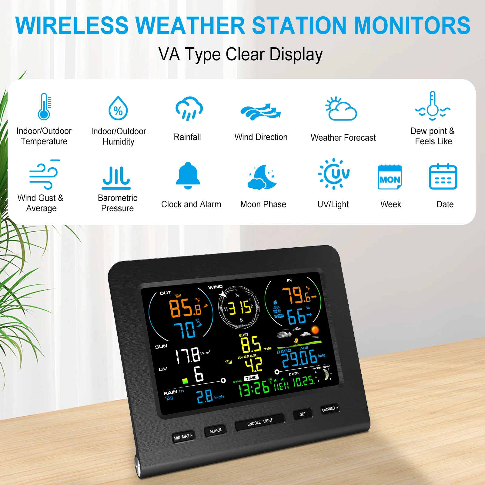 WiFi Wireless Weather Station 8-in-1 with Solar Power Mobile App Indoor Outdoor Monitor Forecast Rain Wind UV Sensor