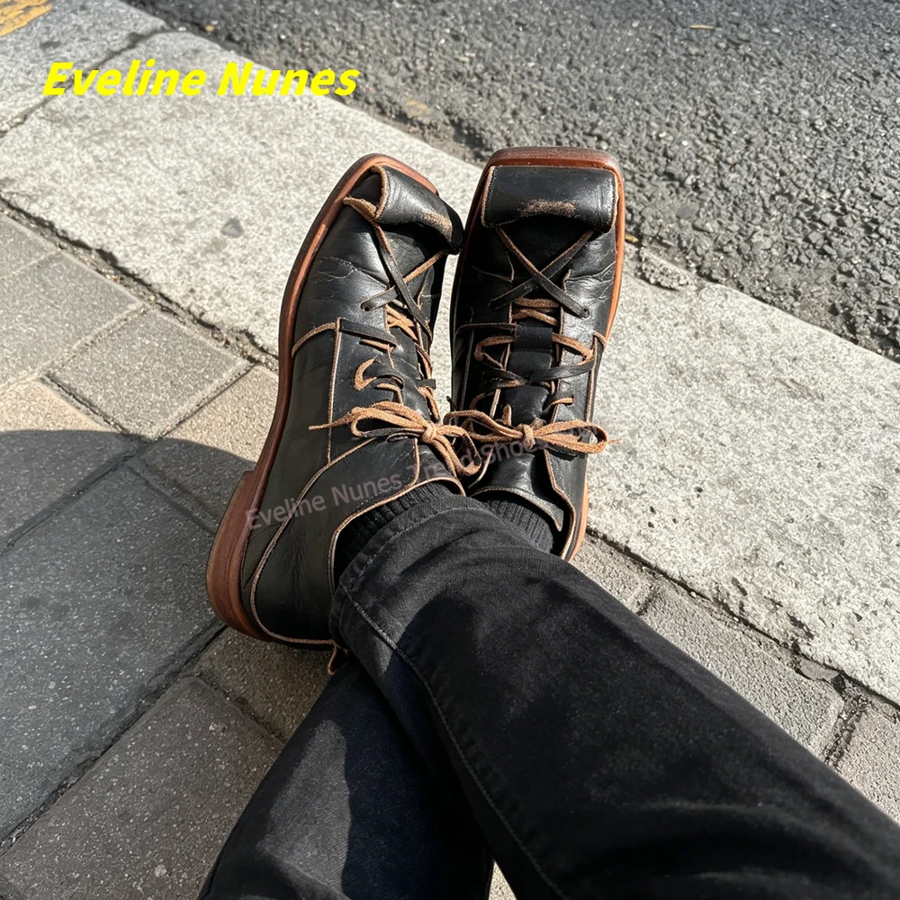 Fashion Avant Garde Distressed Pumps Square Toe Black Patchwork Shoe Crisscross Raw Edge Lace Up Gothic Casual Footwear 2026 New