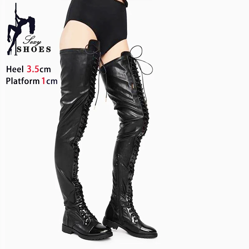 3.5CM Low Heel Thigh High Boots Black Leather Motorcycle Shoes Women Side Zipper Lace Up Chunk Heels Nightclub Overknee Boots