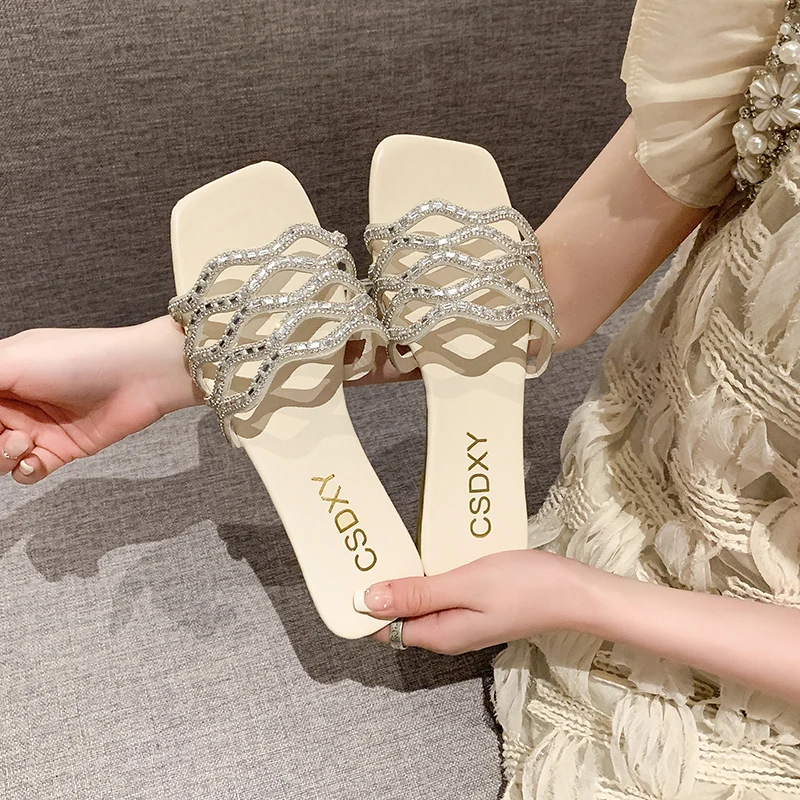 Summer Women Slides Flat Heels Slippers Fashion Rhinestone Design Ladies Plus Size Flip Flop 2024 Ins  Cut Out Woman Shoes